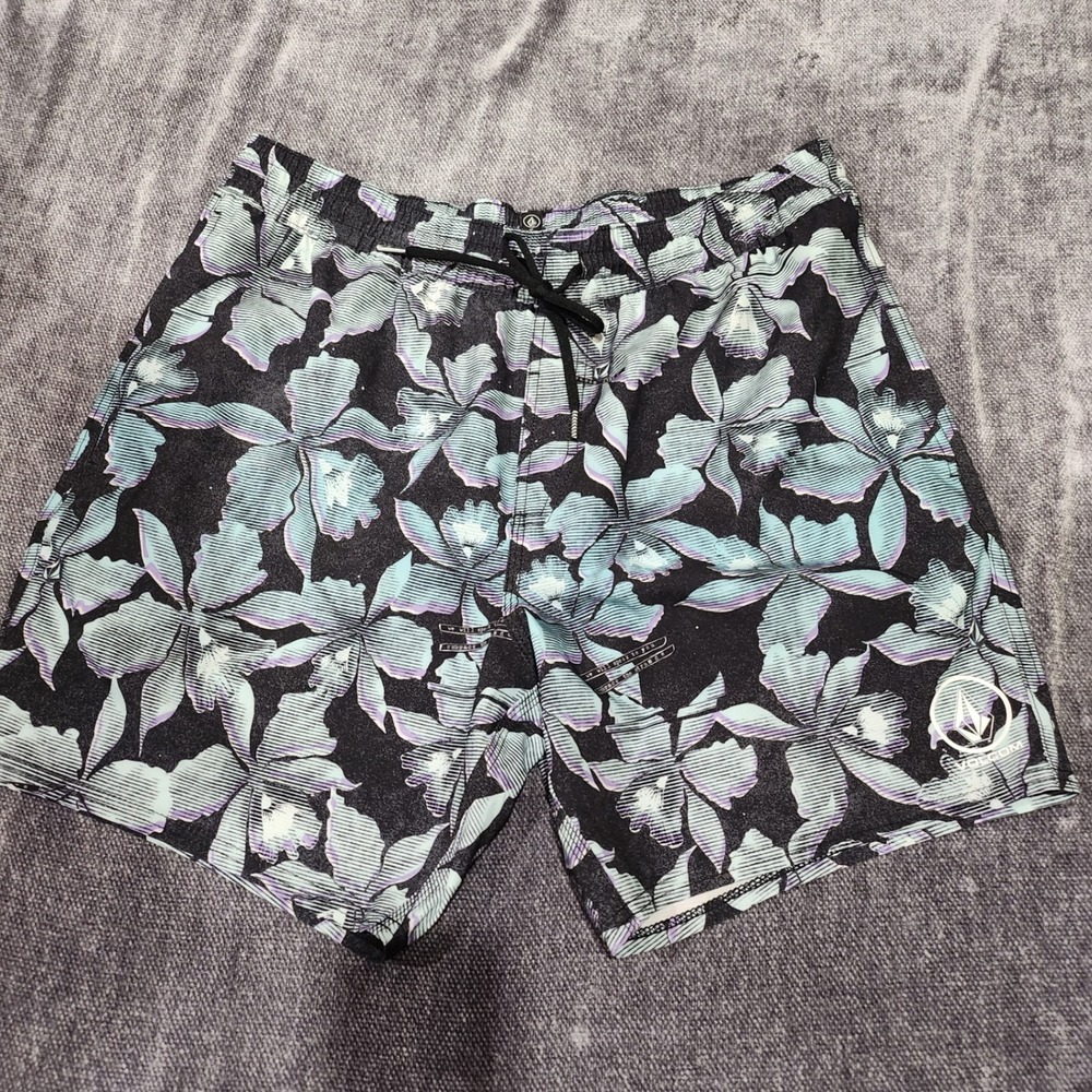 Volcom Mens Board Shorts Large Black Mint Floral Swim Trunks Embrace The Strange
